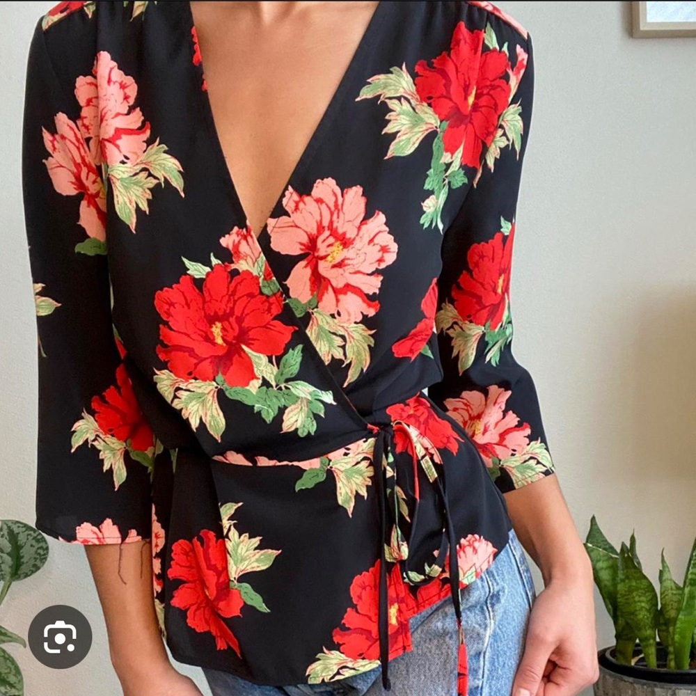 Topshop Black and Red Floral Wrap Blouse